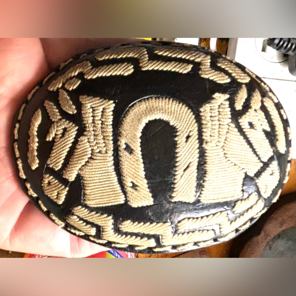 Rare VTG Horse Belt Buckle Leather on Metal Brown Oval Stitched Western Cowboy